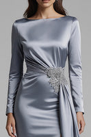 Load image into Gallery viewer, Dusty Blue Satin Mermaid Long Sleeves Evening Dress with Slit
