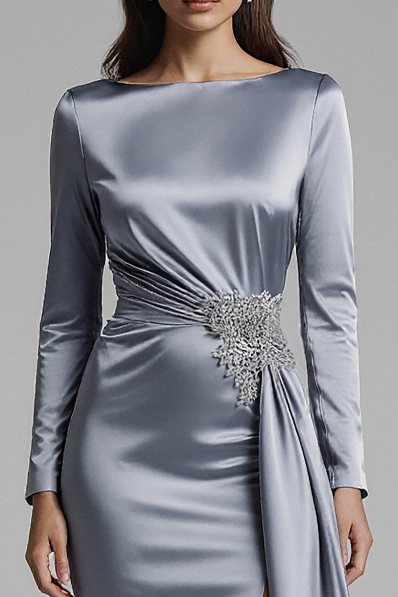 Load image into Gallery viewer, Dusty Blue Satin Mermaid Long Sleeves Evening Dress with Slit