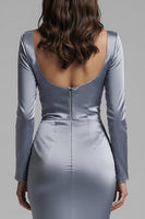 Load image into Gallery viewer, Dusty Blue Satin Mermaid Long Sleeves Evening Dress with Slit