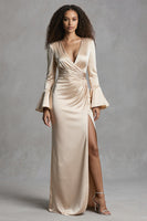 Load image into Gallery viewer, Champagne Flare Sleeves Mermaid Long Evening Dress with Slit