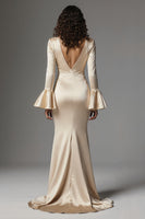 Load image into Gallery viewer, Champagne Flare Sleeves Mermaid Long Evening Dress with Slit