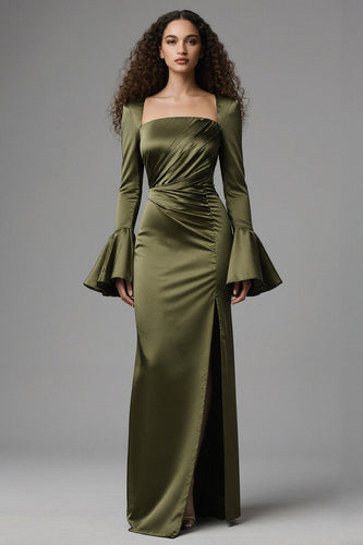 Olive Satin Flare Sleeves Mermaid Long Evening Dress with Slit