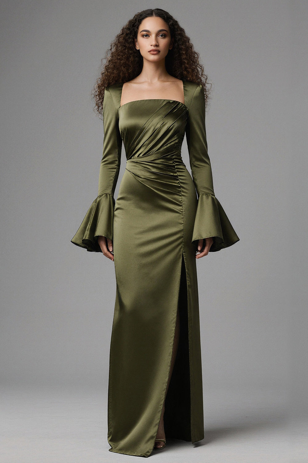 Olive Satin Flare Sleeves Mermaid Long Evening Dress with Slit