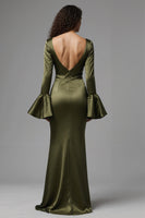 Load image into Gallery viewer, Olive Satin Flare Sleeves Mermaid Long Evening Dress with Slit