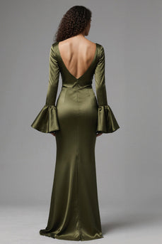 Olive Satin Flare Sleeves Mermaid Long Evening Dress with Slit