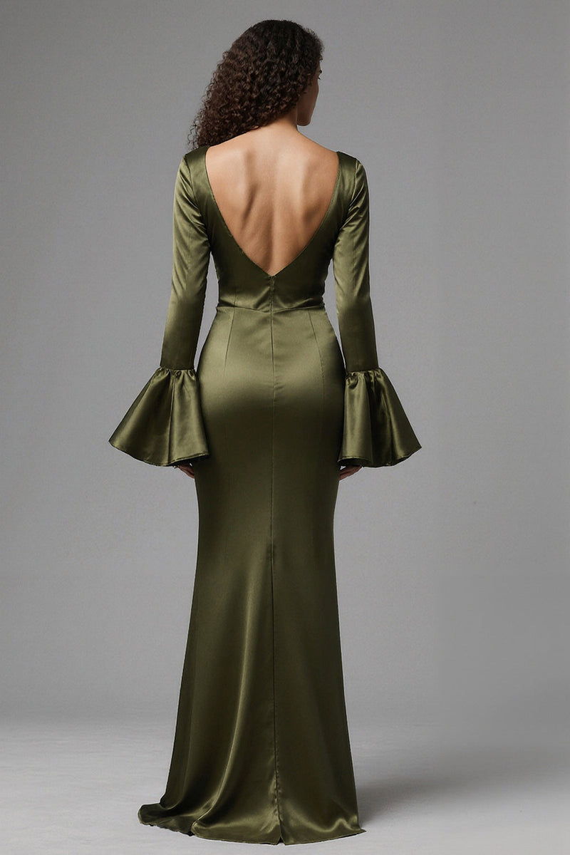 Load image into Gallery viewer, Olive Satin Flare Sleeves Mermaid Long Evening Dress with Slit