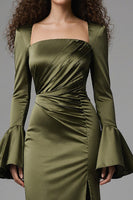Load image into Gallery viewer, Olive Satin Flare Sleeves Mermaid Long Evening Dress with Slit