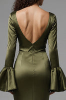 Load image into Gallery viewer, Olive Satin Flare Sleeves Mermaid Long Evening Dress with Slit