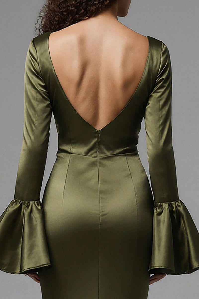 Load image into Gallery viewer, Olive Satin Flare Sleeves Mermaid Long Evening Dress with Slit