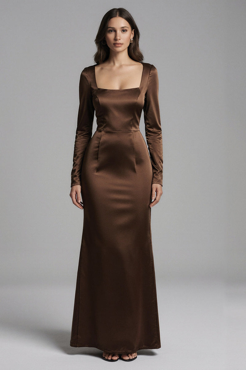 Load image into Gallery viewer, Coffee Square Neck Mermaid Satin Long Sleeves Evening Dress