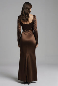 Coffee Square Neck Mermaid Satin Long Sleeves Evening Dress