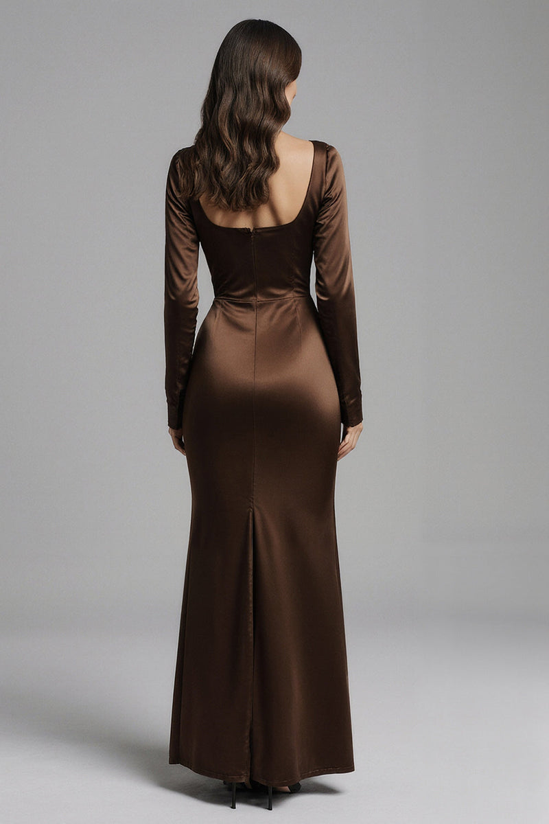 Load image into Gallery viewer, Coffee Square Neck Mermaid Satin Long Sleeves Evening Dress