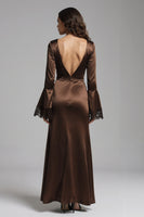 Load image into Gallery viewer, Coffee Satin Mermaid V-Neck Long Evening Dress with Slit
