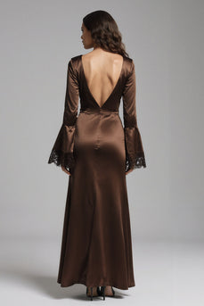 Coffee Satin Mermaid V-Neck Long Evening Dress with Slit