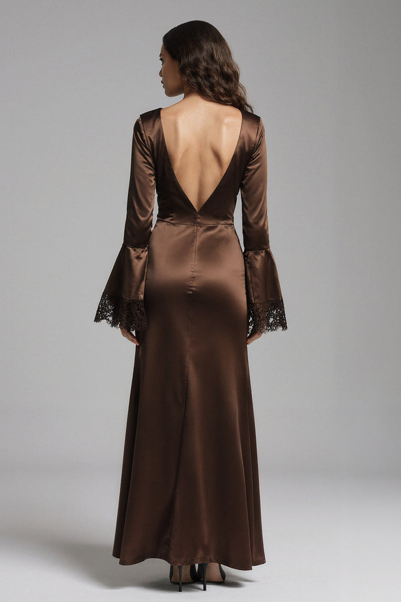 Load image into Gallery viewer, Coffee Satin Mermaid V-Neck Long Evening Dress with Slit