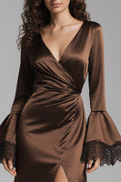 Load image into Gallery viewer, Coffee Satin Mermaid V-Neck Long Evening Dress with Slit