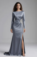 Load image into Gallery viewer, Sparkly Dusty Blue Beaded Mermaid Long Evening Dress with Slit