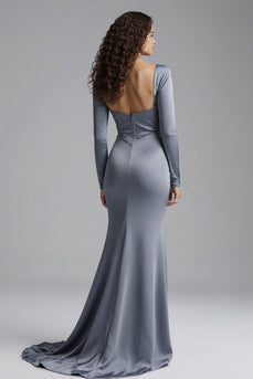 Sparkly Dusty Blue Beaded Mermaid Long Evening Dress with Slit