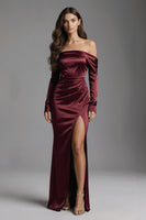 Load image into Gallery viewer, Burgundy Ruched Off the Shoulder Mermaid Long Evening Dress with Slit