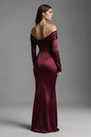 Load image into Gallery viewer, Burgundy Ruched Off the Shoulder Mermaid Long Evening Dress with Slit