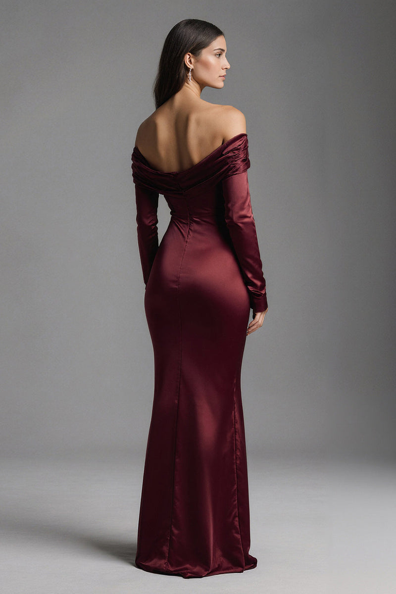 Load image into Gallery viewer, Burgundy Ruched Off the Shoulder Mermaid Long Evening Dress with Slit