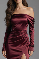 Load image into Gallery viewer, Burgundy Ruched Off the Shoulder Mermaid Long Evening Dress with Slit