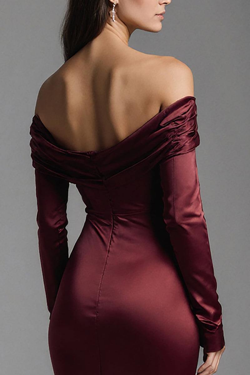 Load image into Gallery viewer, Burgundy Ruched Off the Shoulder Mermaid Long Evening Dress with Slit