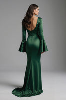 Load image into Gallery viewer, Dark Green Backless Flare Sleeves Mermaid Long Evening Dress