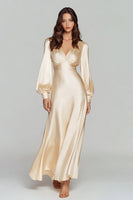 Load image into Gallery viewer, Champagne Satin V-Neck Backless Long Sleeves Evening Dress