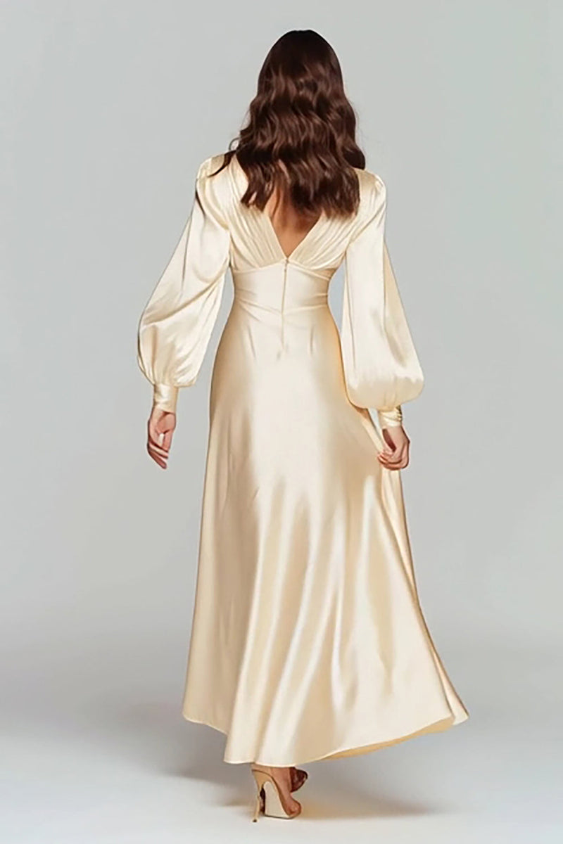 Load image into Gallery viewer, Champagne Satin V-Neck Backless Long Sleeves Evening Dress