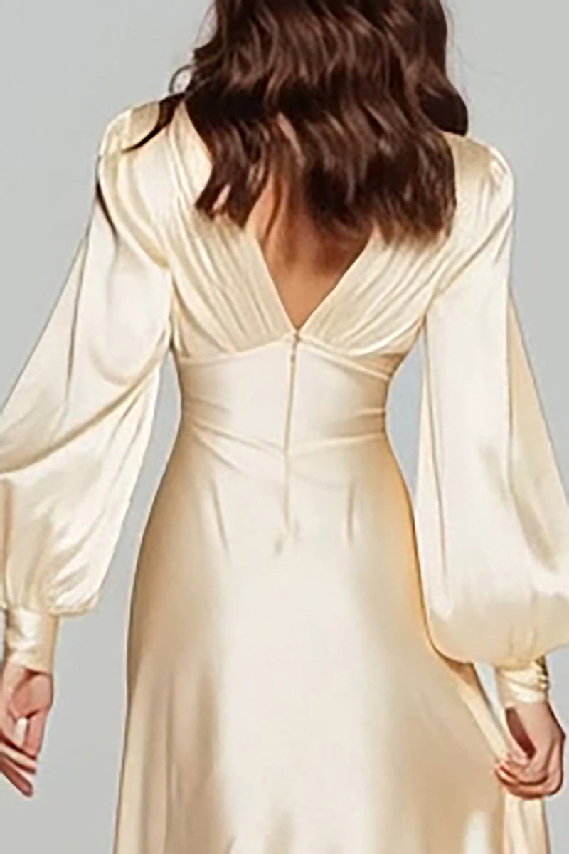 Load image into Gallery viewer, Champagne Satin V-Neck Backless Long Sleeves Evening Dress
