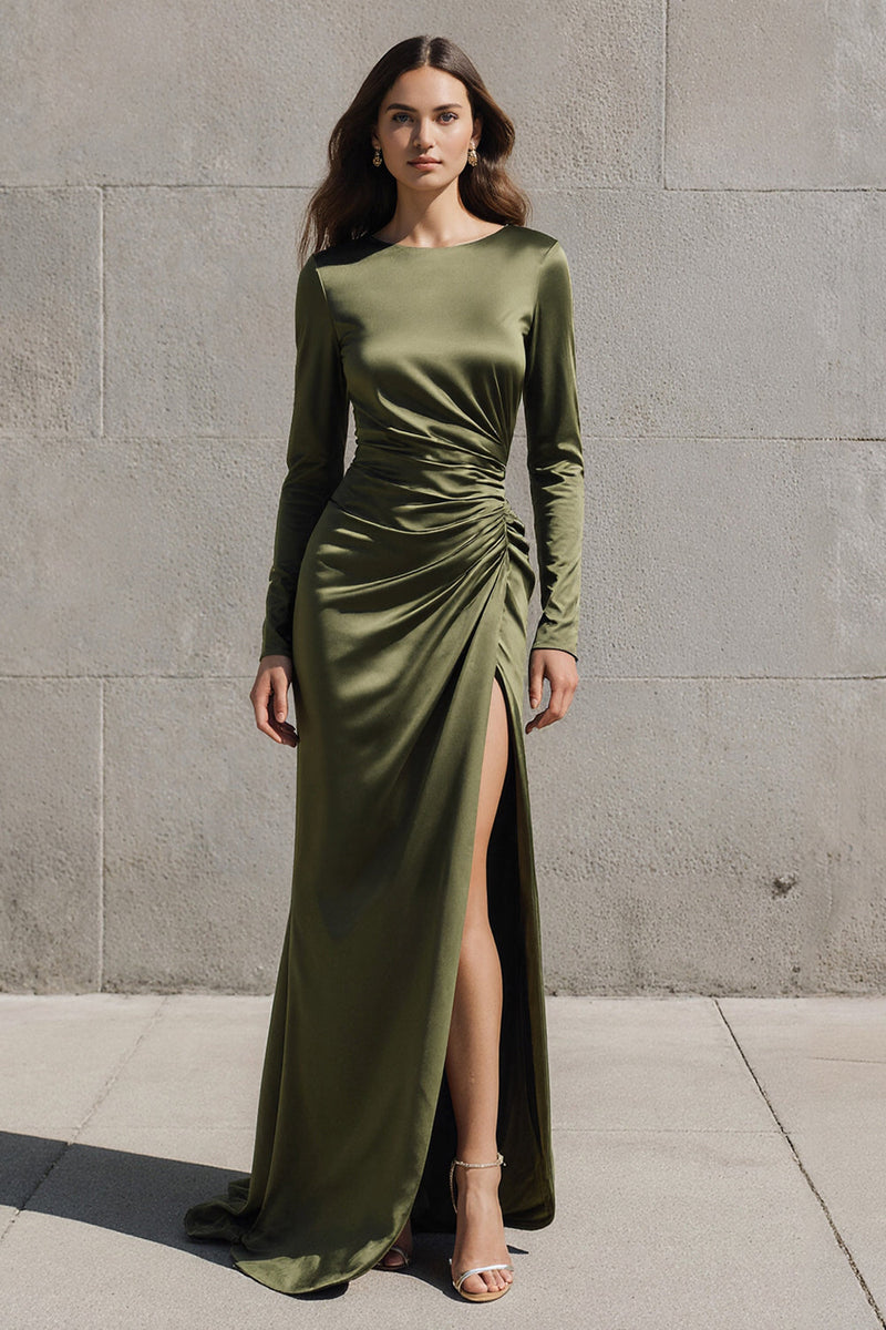 Load image into Gallery viewer, Olive Boat Neck Mermaid Long Sleeves Satin Evening Dress with Slit