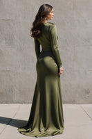 Load image into Gallery viewer, Olive Boat Neck Mermaid Long Sleeves Satin Evening Dress with Slit