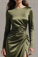Load image into Gallery viewer, Olive Boat Neck Mermaid Long Sleeves Satin Evening Dress with Slit