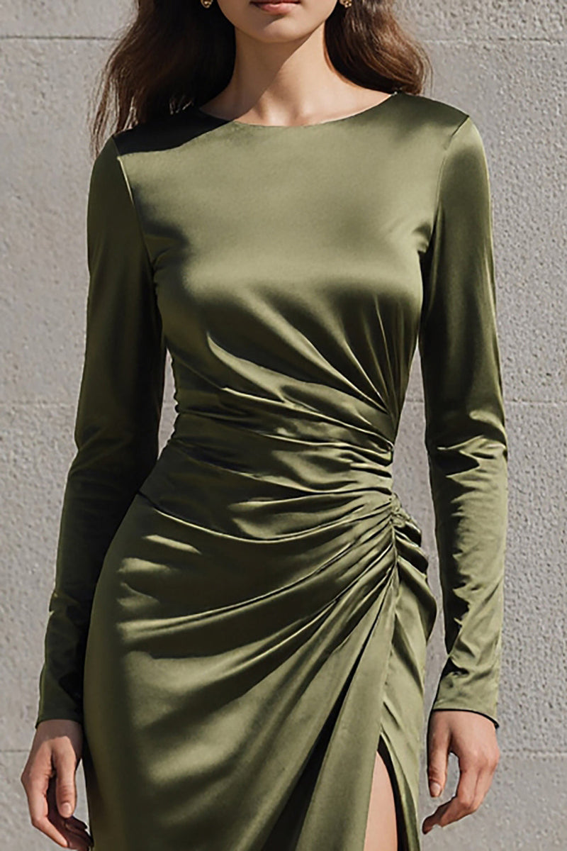 Load image into Gallery viewer, Olive Boat Neck Mermaid Long Sleeves Satin Evening Dress with Slit