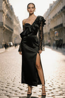 Load image into Gallery viewer, Black One Shoulder Ruffled Satin Long Evening Dress with Lace