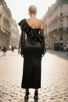 Load image into Gallery viewer, Black One Shoulder Ruffled Satin Long Evening Dress with Lace