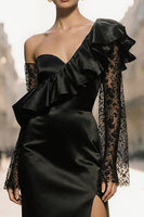 Load image into Gallery viewer, Black One Shoulder Ruffled Satin Long Evening Dress with Lace