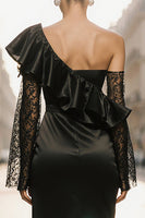 Load image into Gallery viewer, Black One Shoulder Ruffled Satin Long Evening Dress with Lace