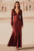 Load image into Gallery viewer, Burgundy V-Neck Mermaid Satin Long Evening Dress with Sleeves