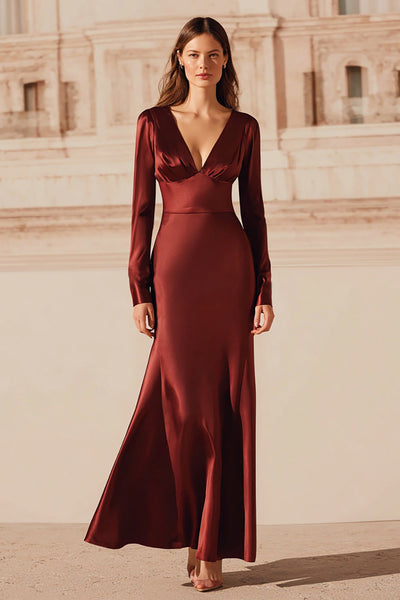 Burgundy V-Neck Mermaid Satin Long Evening Dress with Sleeves