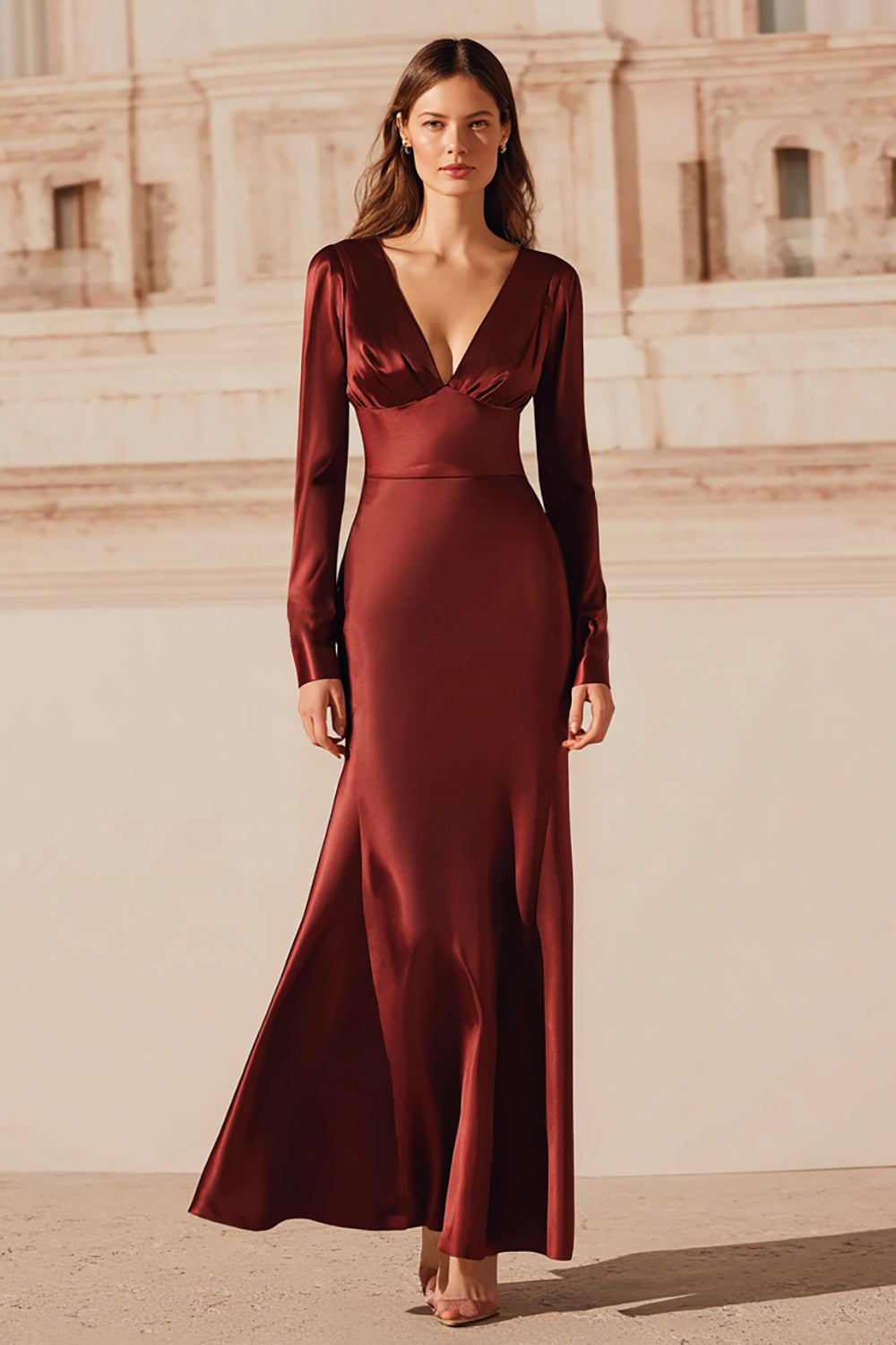 Burgundy V-Neck Mermaid Satin Long Evening Dress with Sleeves