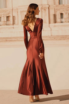 Burgundy V-Neck Mermaid Satin Long Evening Dress with Sleeves