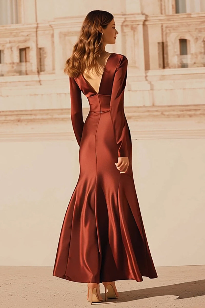 Load image into Gallery viewer, Burgundy V-Neck Mermaid Satin Long Evening Dress with Sleeves