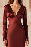Load image into Gallery viewer, Burgundy V-Neck Mermaid Satin Long Evening Dress with Sleeves