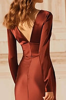 Load image into Gallery viewer, Burgundy V-Neck Mermaid Satin Long Evening Dress with Sleeves