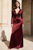 Load image into Gallery viewer, Burgundy V-Neck Mermaid Satin Long Sleeves Evening Dress