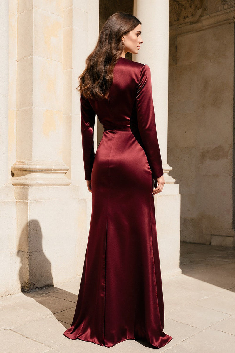 Load image into Gallery viewer, Burgundy V-Neck Mermaid Satin Long Sleeves Evening Dress