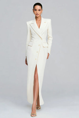 Ivory Single Breasted Peak Lapel Sheath Long Sleeves Blazer Dress