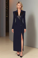 Load image into Gallery viewer, Navy Single Breasted Sheath Peak Lapel Long Blazer Dress with Slit